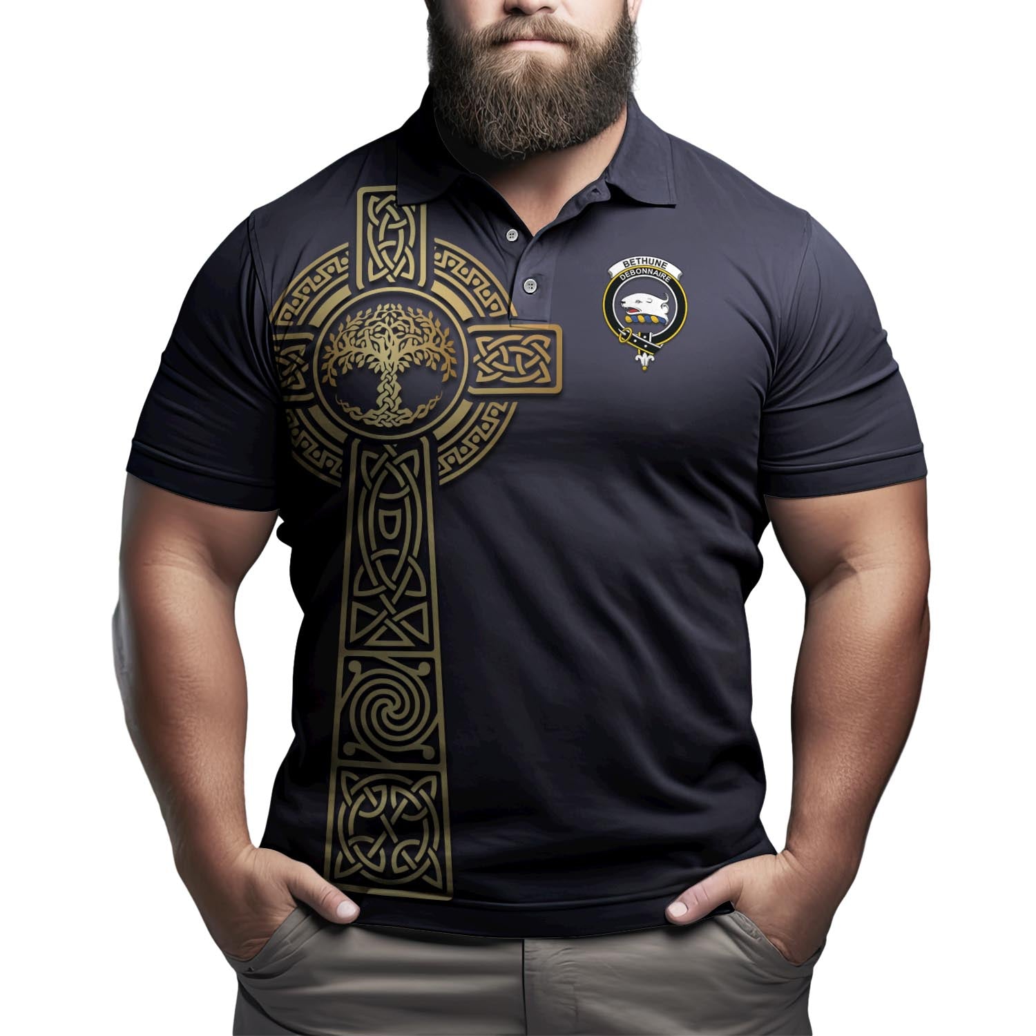 Bethune Clan Polo Shirt with Golden Celtic Tree Of Life - Tartanvibesclothing