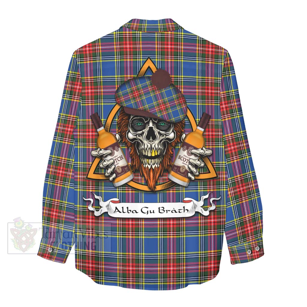 Tartan Vibes Clothing Bethune Tartan Women's Casual Shirt with Family Crest and Bearded Skull Holding Bottles of Whiskey