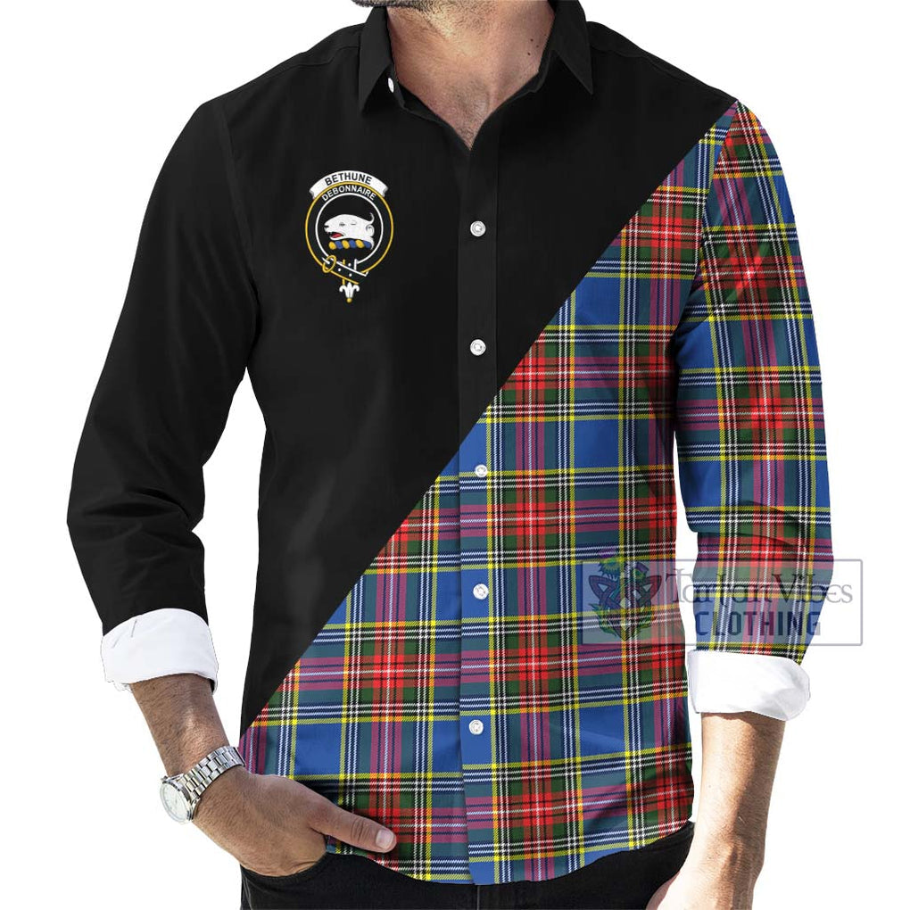 Bethune Tartan Long Sleeve Button Shirt with Family Crest and Military Logo Style - Tartanvibesclothing Shop