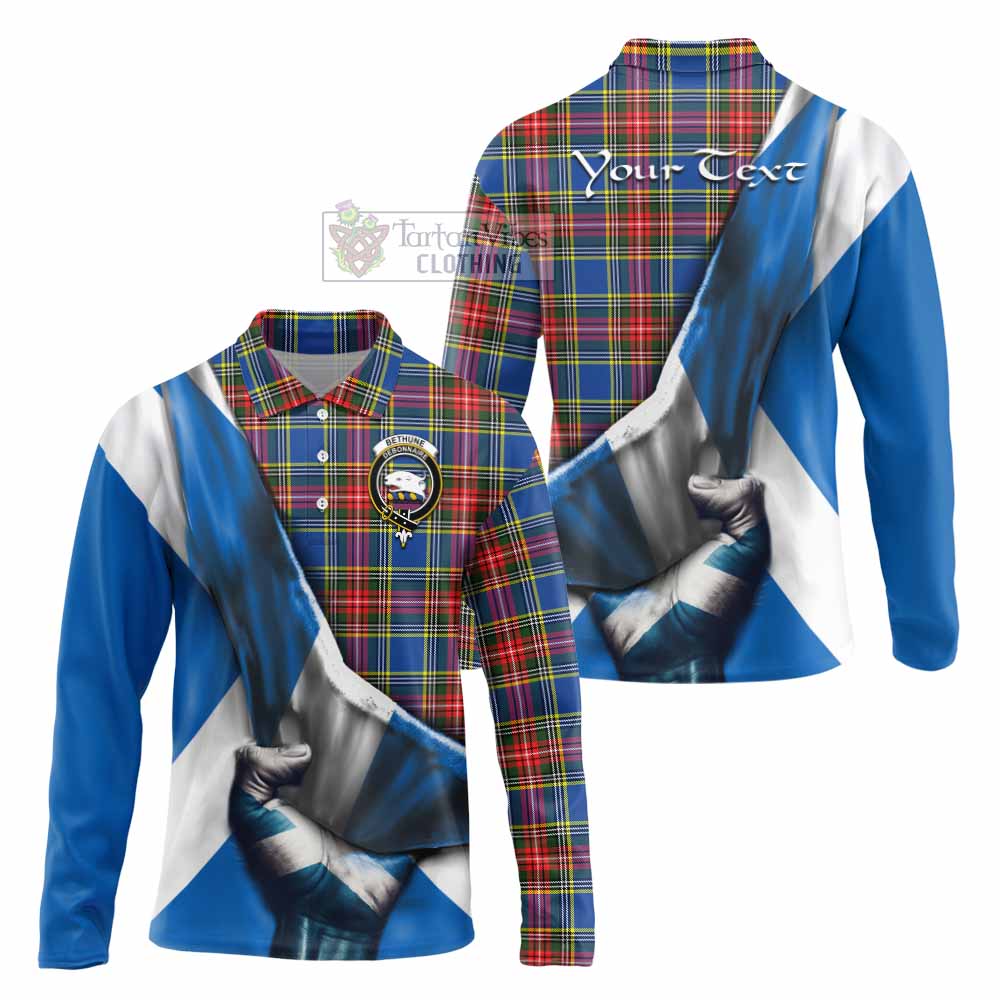 Tartan Vibes Clothing Bethune Tartan Long Sleeve Polo Shirt with Family Crest Scotland Patriotic Style