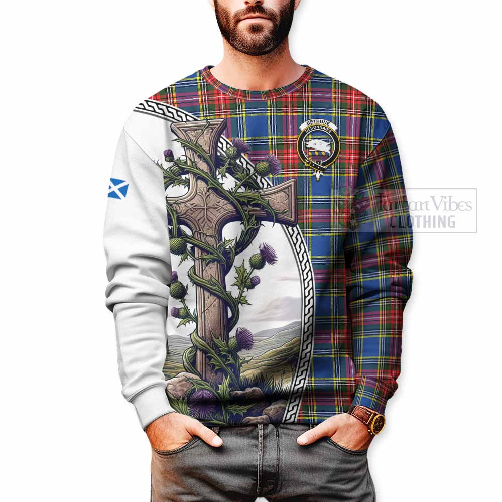 Tartan Vibes Clothing Bethune Tartan Sweatshirt with Family Crest and St. Andrew's Cross Accented by Thistle Vines