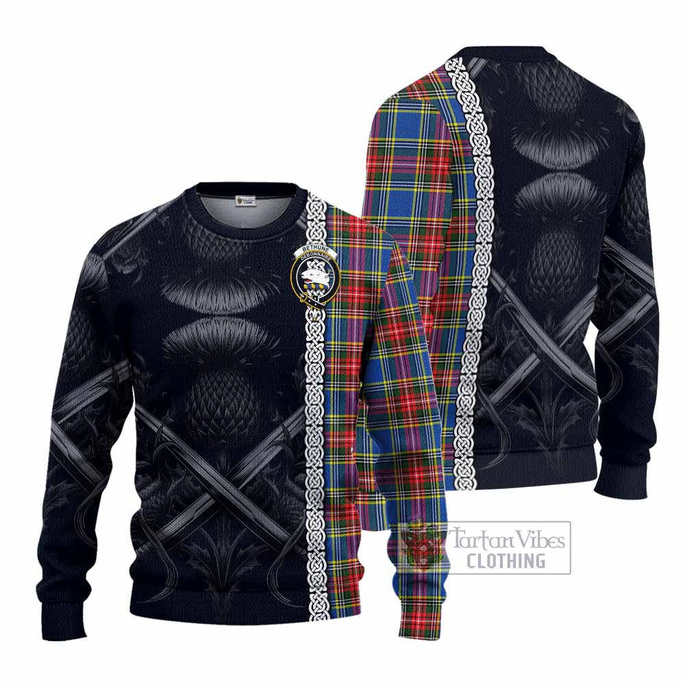 Tartan Vibes Clothing Bethune Tartan Knitted Sweater with Family Crest Cross Sword Thistle Celtic Vibes