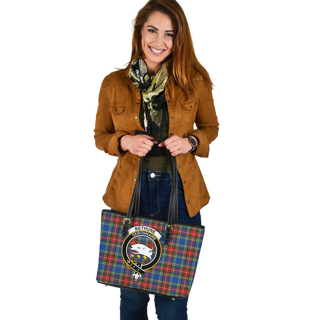 Bethune Tartan Leather Tote Bag with Family Crest - Tartanvibesclothing