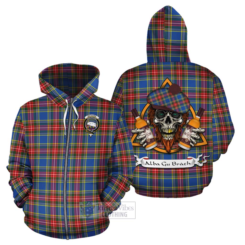 Tartan Vibes Clothing Bethune Tartan Cotton Hoodie with Family Crest and Bearded Skull Holding Bottles of Whiskey