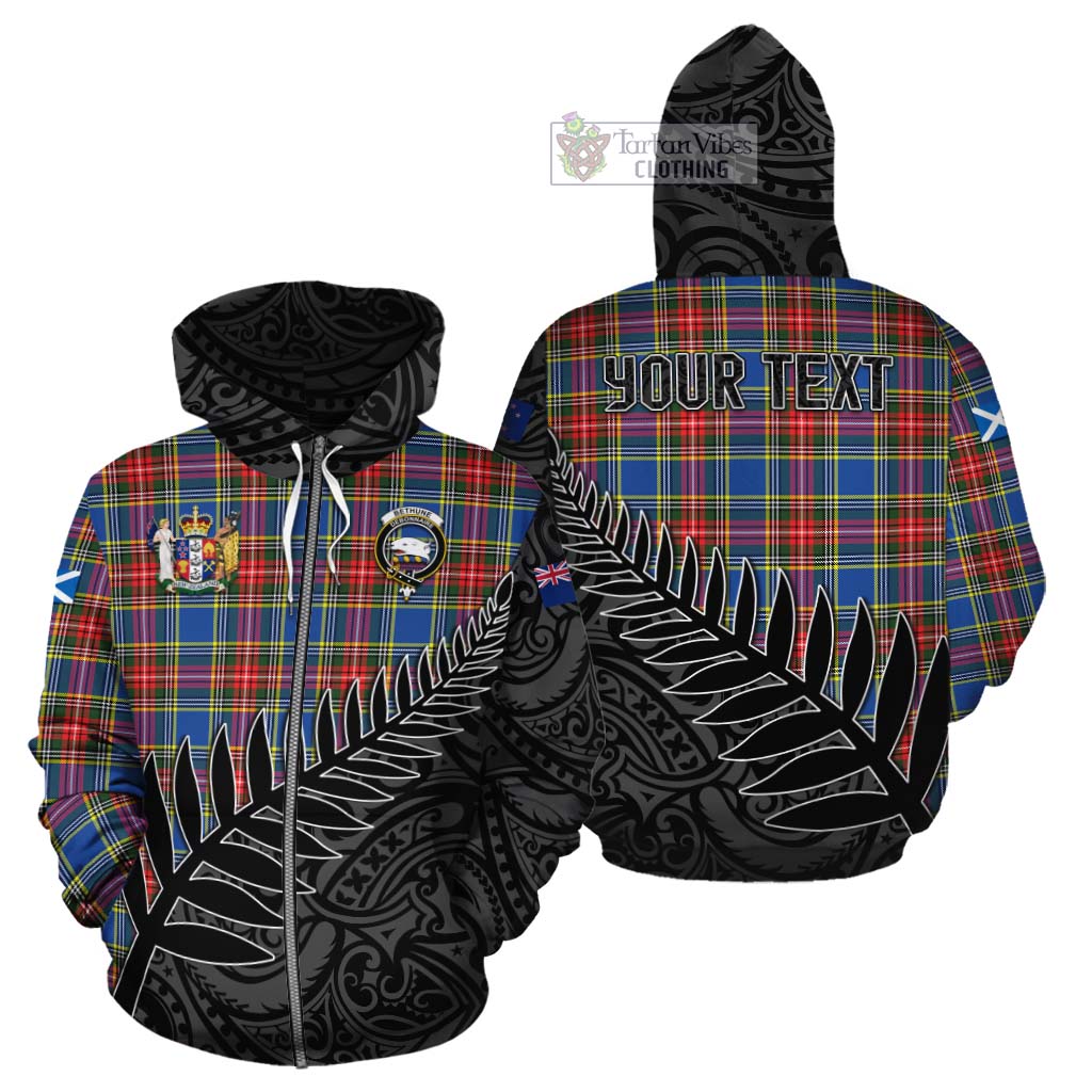 Tartan Vibes Clothing Bethune Crest Tartan Cotton Hoodie with New Zealand Silver Fern Half Style