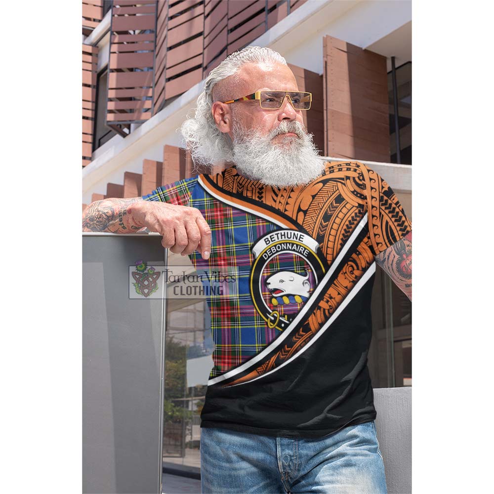 Tartan Vibes Clothing Bethune Crest Tartan Cotton T-shirt with Maori Tattoo Style - Orange Version