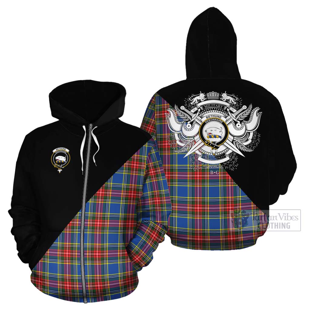 Tartan Vibes Clothing Bethune Tartan Cotton Hoodie with Family Crest and Military Logo Style