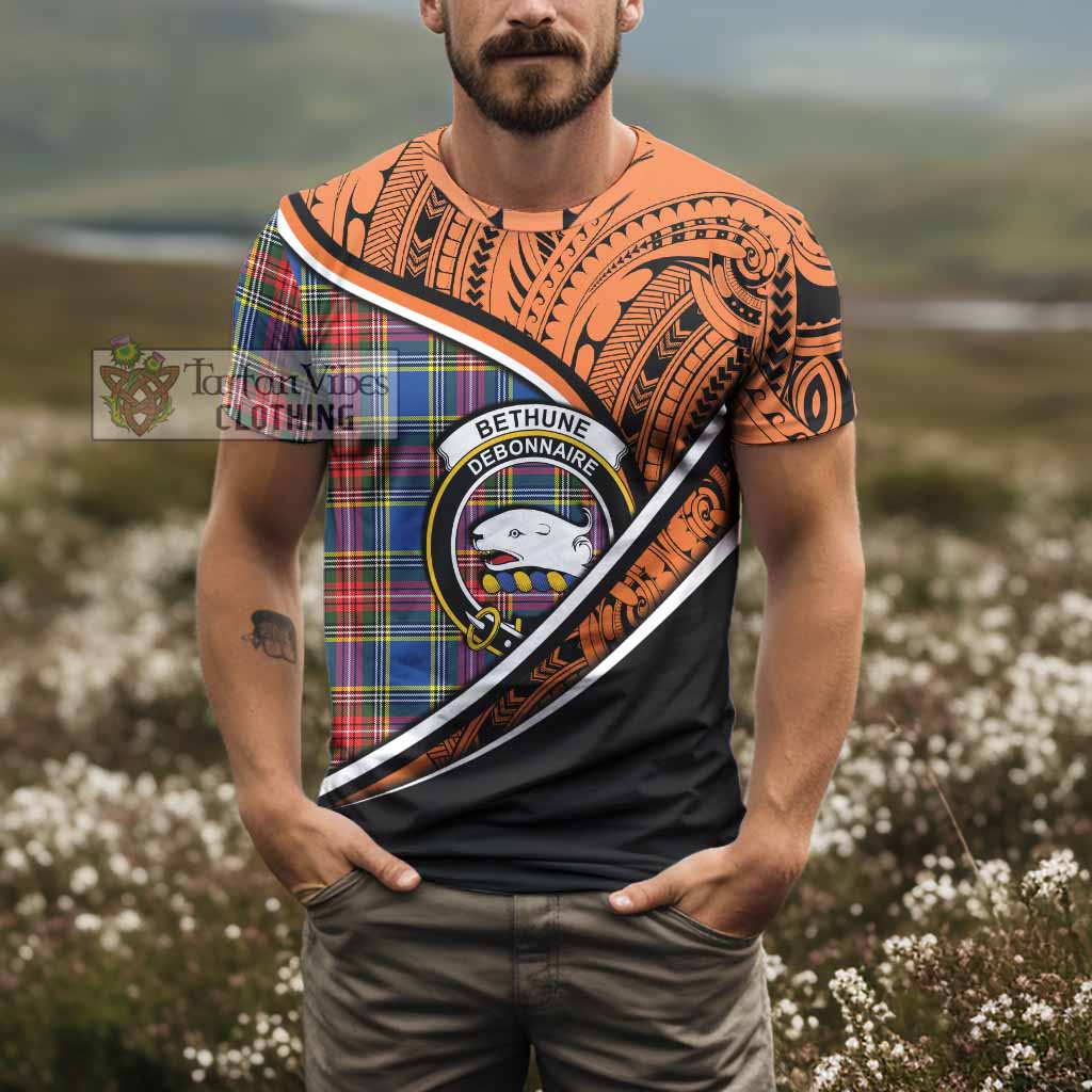 Tartan Vibes Clothing Bethune Crest Tartan T-Shirt with Maori Tattoo Style - Orange Version