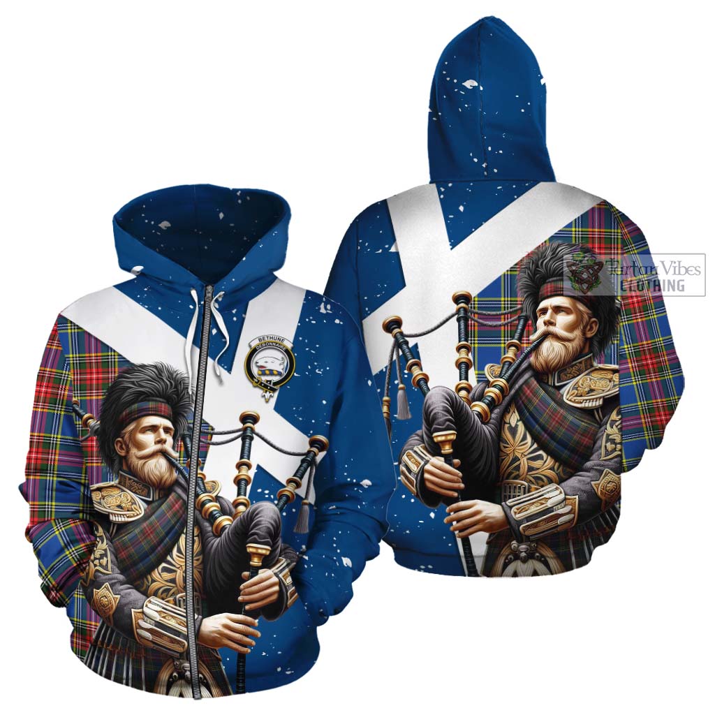 Tartan Vibes Clothing Bethune Tartan Cotton Hoodie with Family Crest Scottish Bagpiper Vibes