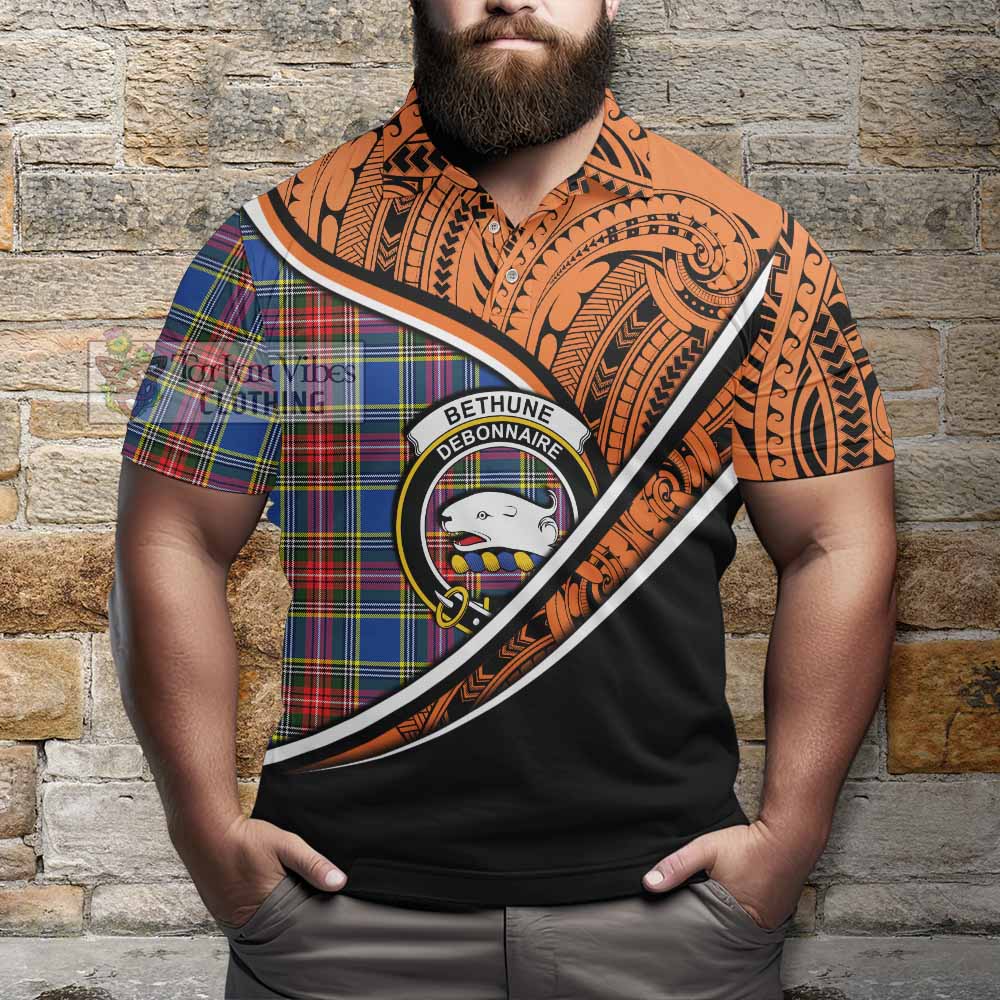 Tartan Vibes Clothing Bethune Crest Tartan Polo Shirt with Maori Tattoo Style - Orange Version