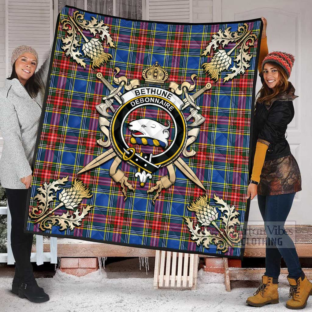 Tartan Vibes Clothing Bethune Tartan Quilt with Family Crest and Scottish Golden Courage Shield