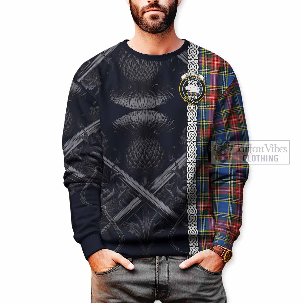 Tartan Vibes Clothing Bethune Tartan Sweatshirt with Family Crest Cross Sword Thistle Celtic Vibes