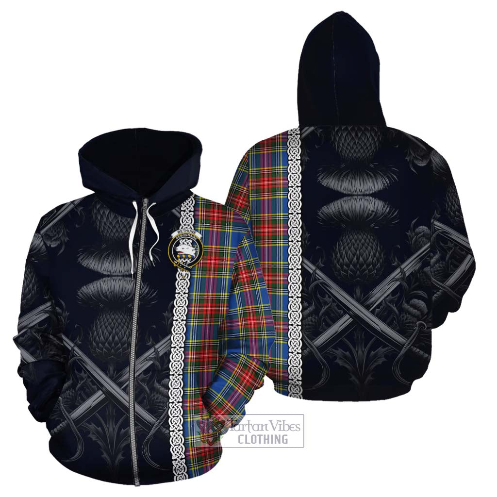 Tartan Vibes Clothing Bethune Tartan Cotton Hoodie with Family Crest Cross Sword Thistle Celtic Vibes