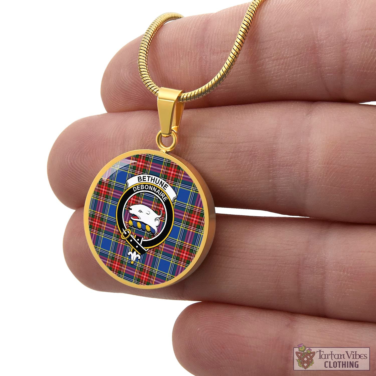 Tartan Vibes Clothing Bethune Tartan Circle Necklace with Family Crest