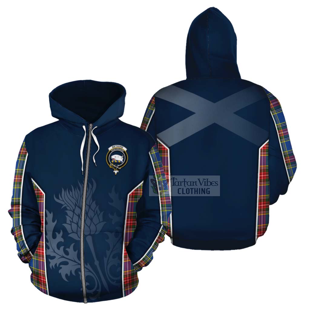 Tartan Vibes Clothing Bethune Tartan Cotton Hoodie with Family Crest and Scottish Thistle Vibes Sport Style