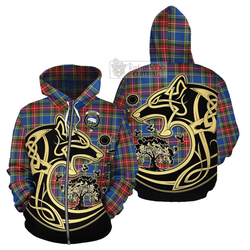 Tartan Vibes Clothing Bethune Tartan Cotton Hoodie with Family Crest Celtic Wolf Style