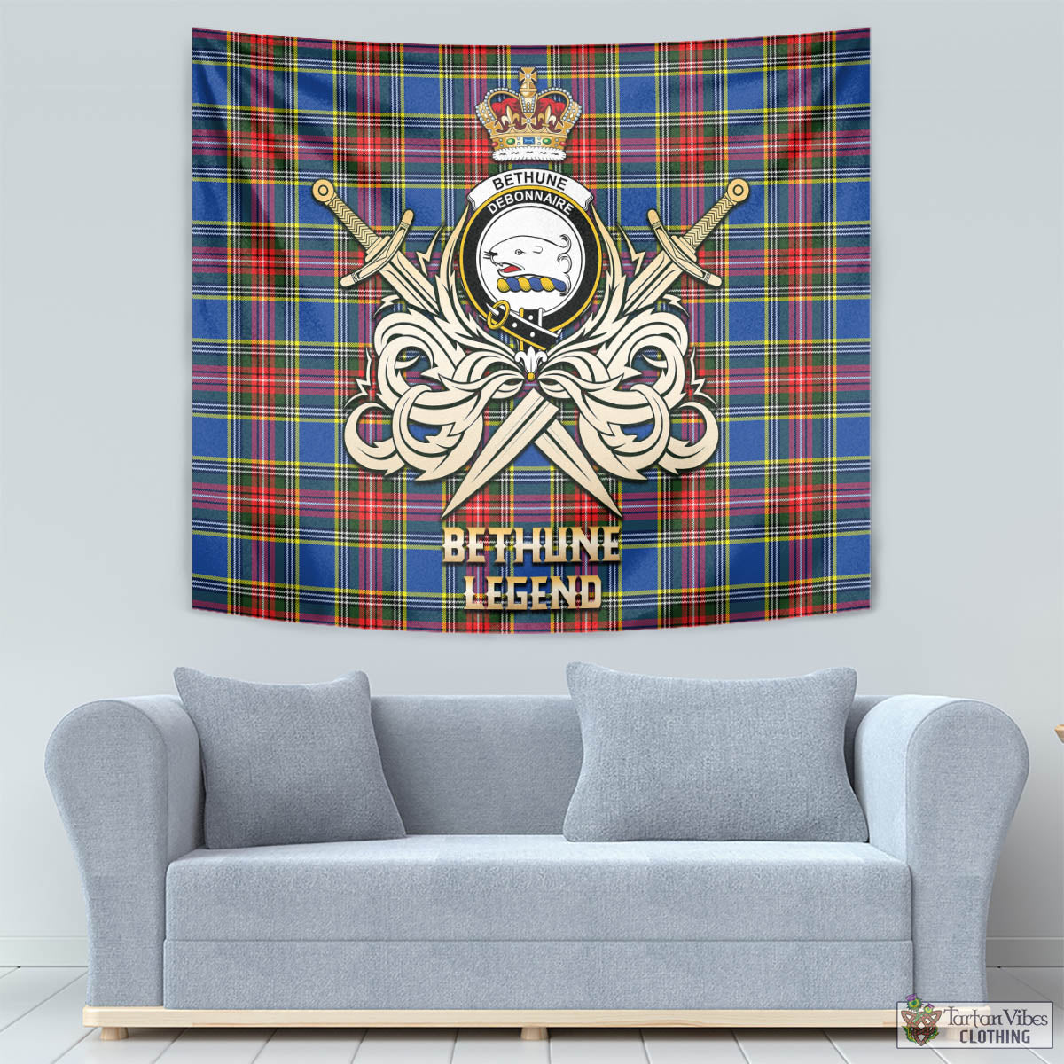 Tartan Vibes Clothing Bethune Tartan Tapestry with Clan Crest and the Golden Sword of Courageous Legacy