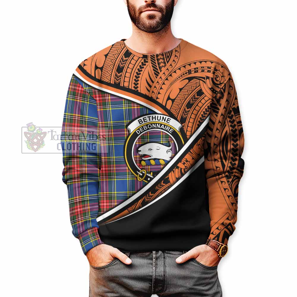 Tartan Vibes Clothing Bethune Crest Tartan Sweatshirt with Maori Tattoo Style - Orange Version