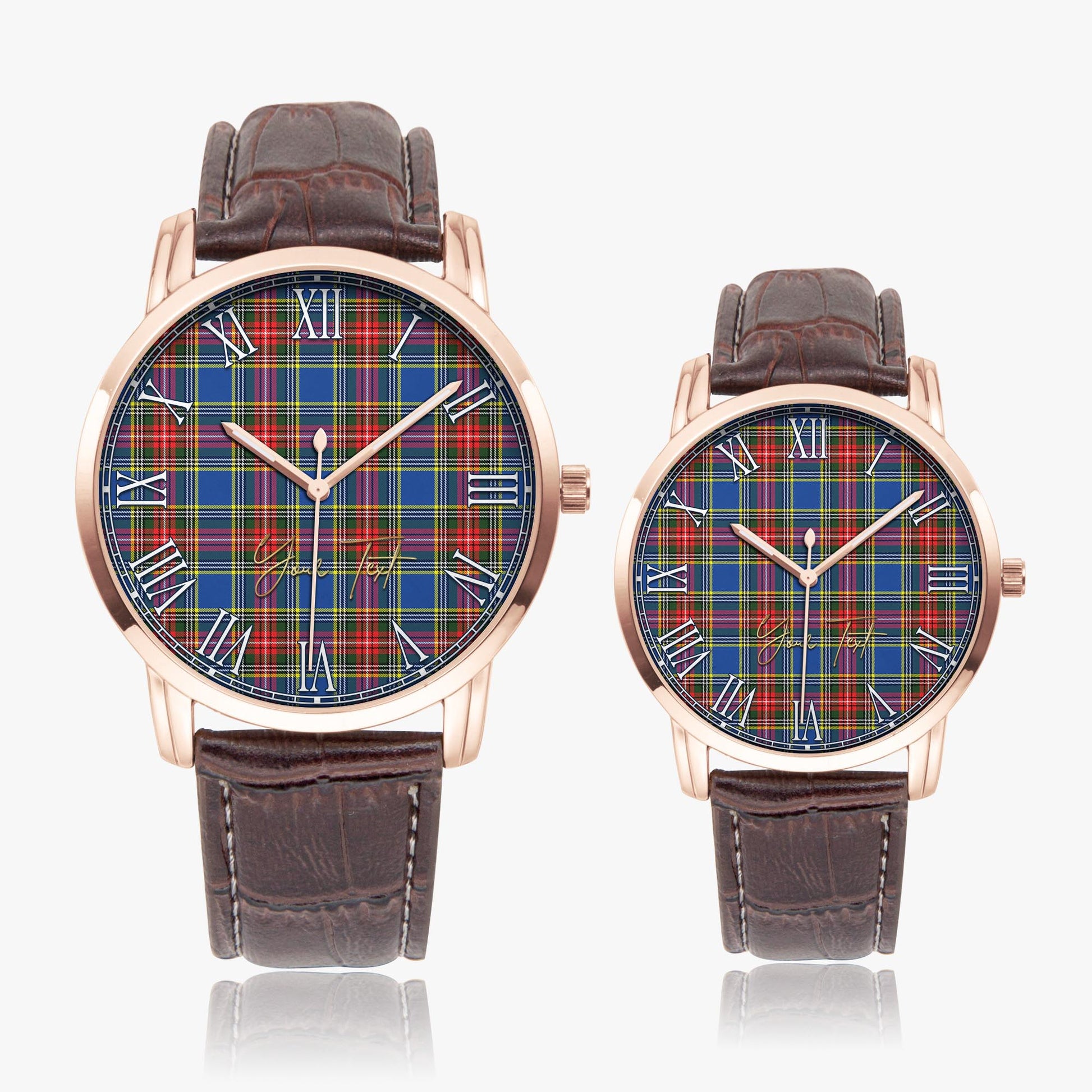 Bethune Tartan Personalized Your Text Leather Trap Quartz Watch Wide Type Rose Gold Case With Brown Leather Strap - Tartanvibesclothing