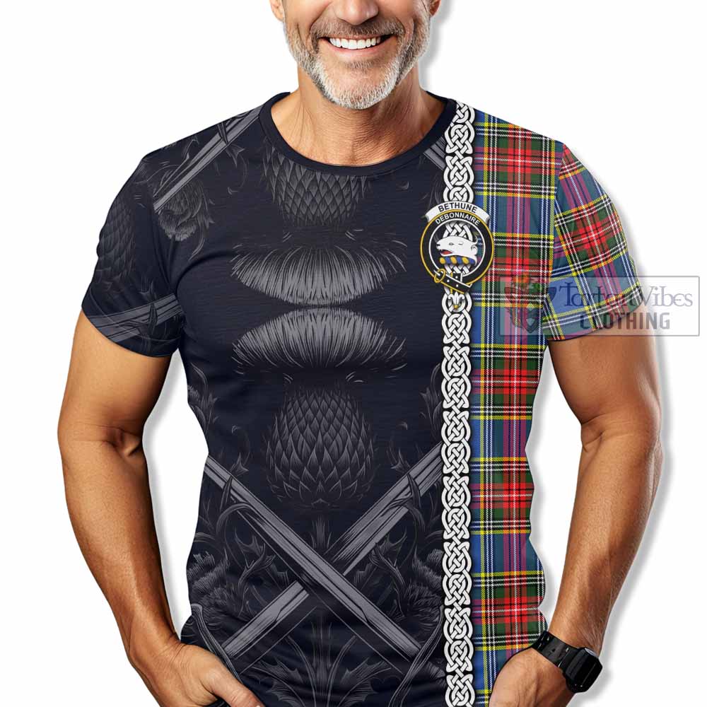 Tartan Vibes Clothing Bethune Tartan T-Shirt with Family Crest Cross Sword Thistle Celtic Vibes