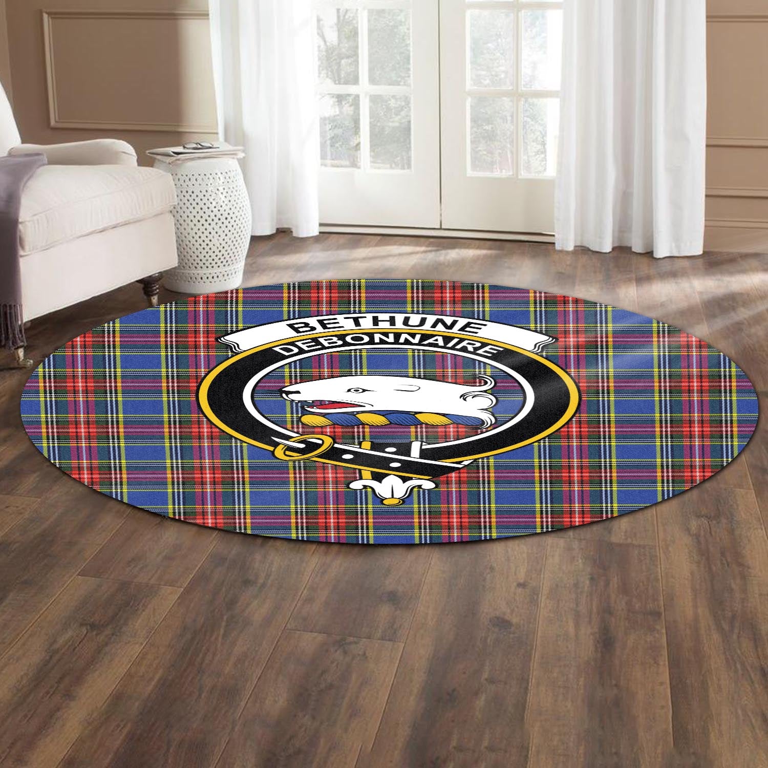 Bethune Tartan Round Rug with Family Crest - Tartanvibesclothing