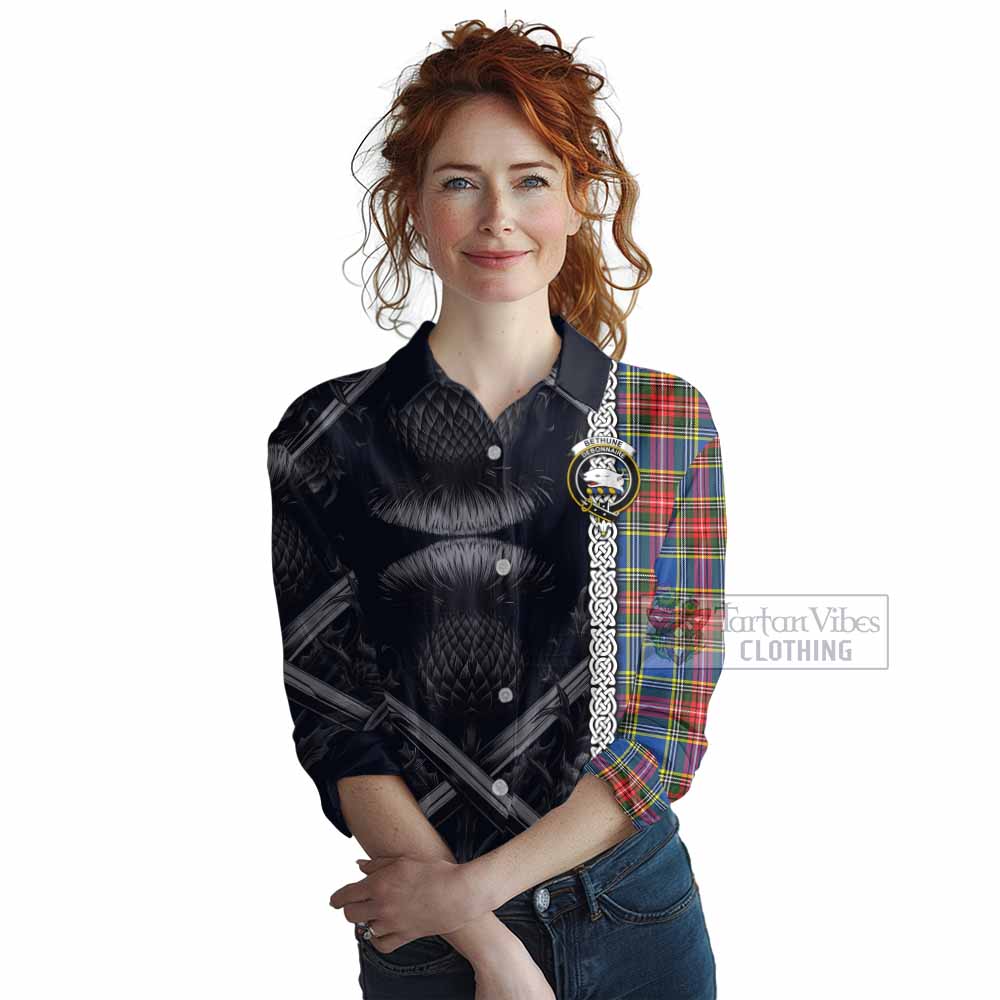 Tartan Vibes Clothing Bethune Tartan Women's Casual Shirt with Family Crest Cross Sword Thistle Celtic Vibes