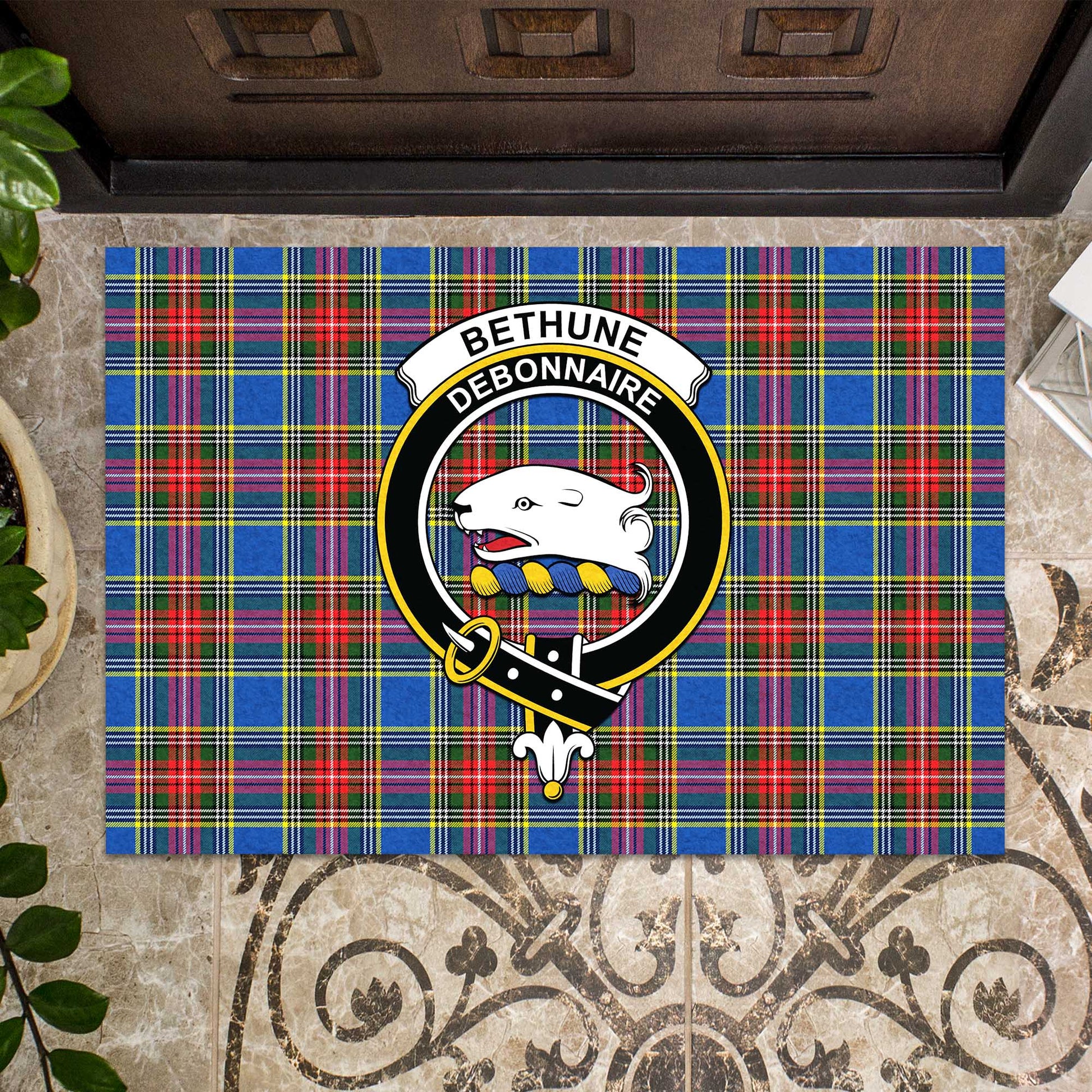 Bethune Tartan Door Mat with Family Crest - Tartanvibesclothing