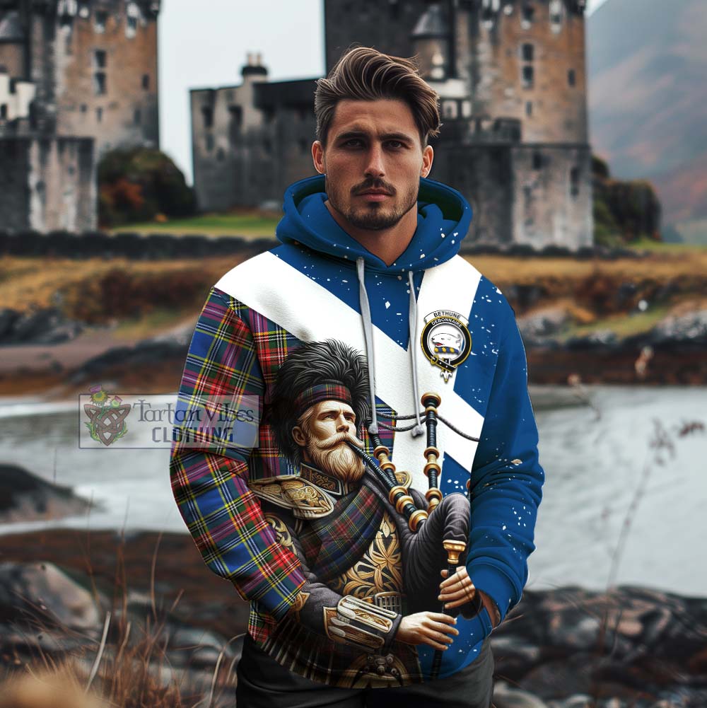 Tartan Vibes Clothing Bethune Tartan Cotton Hoodie with Family Crest Scottish Bagpiper Vibes