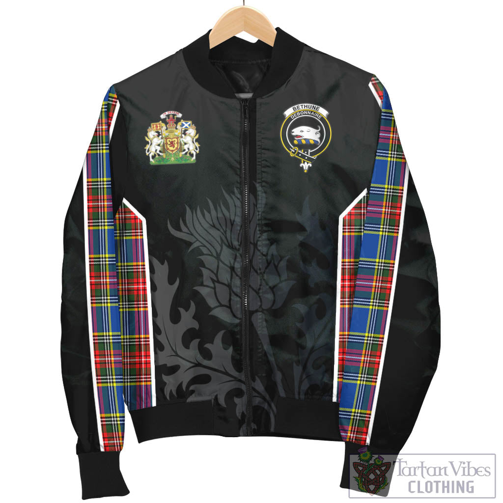 Tartan Vibes Clothing Bethune Tartan Bomber Jacket with Family Crest and Scottish Thistle Vibes Sport Style