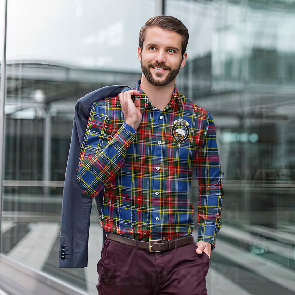 Bethune Tartan Long Sleeve Button Up Shirt with Family Crest - Tartanvibesclothing