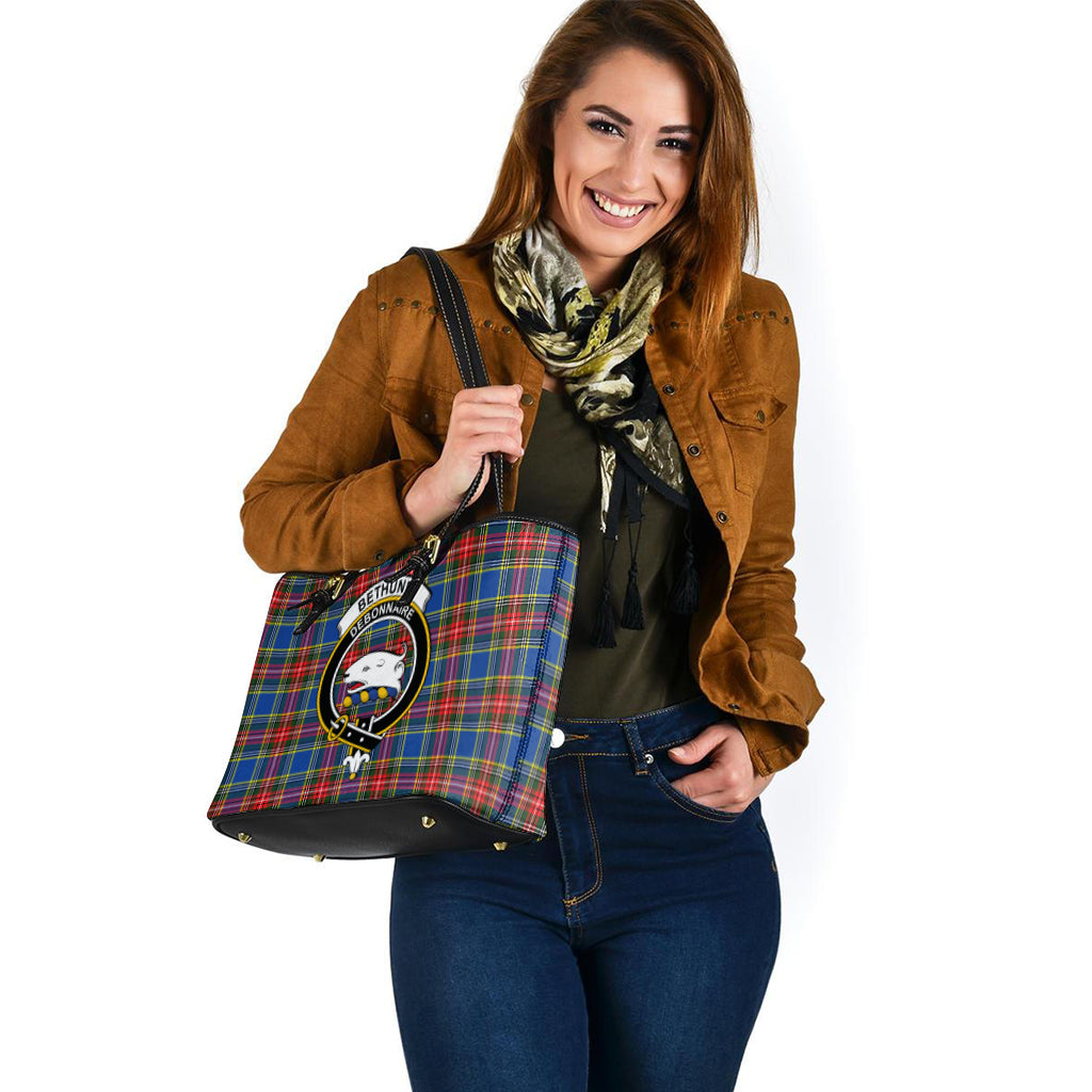 Bethune Tartan Leather Tote Bag with Family Crest - Tartanvibesclothing