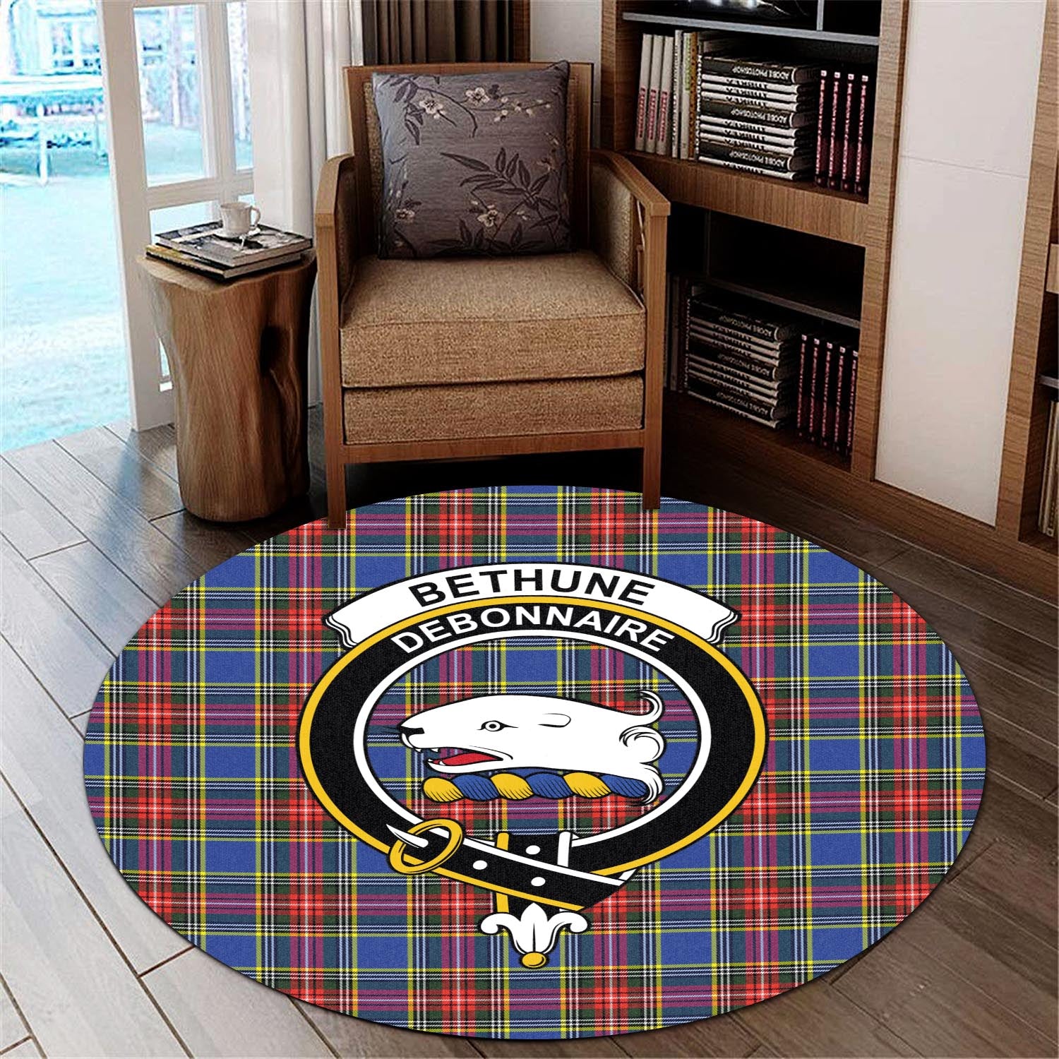 Bethune Tartan Round Rug with Family Crest - Tartanvibesclothing