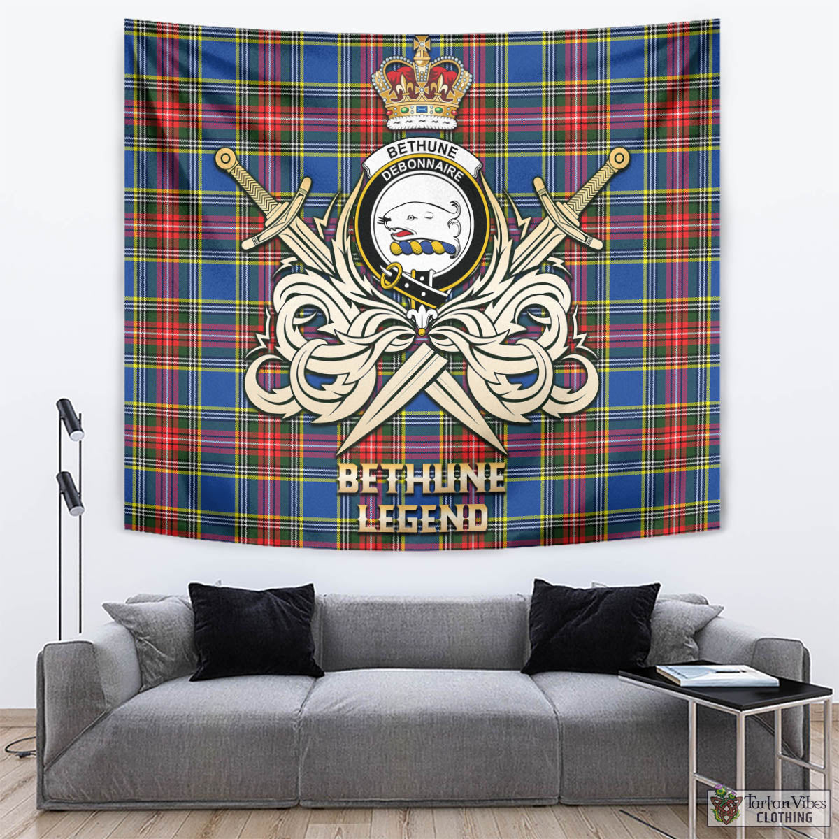 Tartan Vibes Clothing Bethune Tartan Tapestry with Clan Crest and the Golden Sword of Courageous Legacy