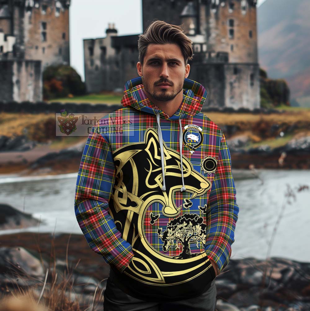 Tartan Vibes Clothing Bethune Tartan Cotton Hoodie with Family Crest Celtic Wolf Style