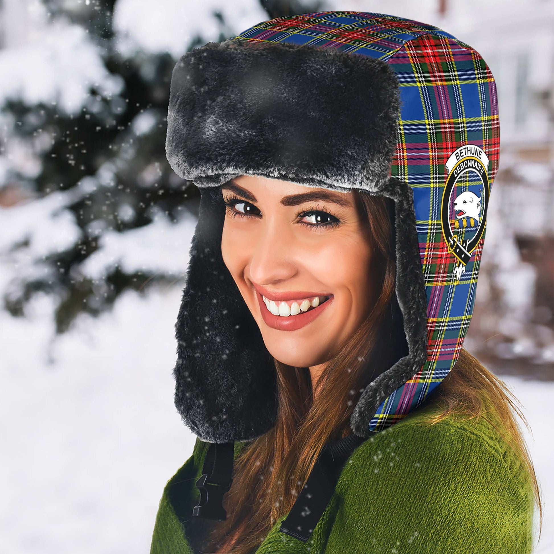 Bethune Tartan Winter Trapper Hat with Family Crest - Tartanvibesclothing