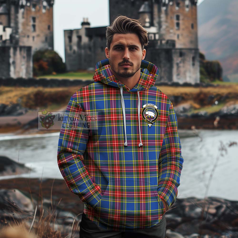 Tartan Vibes Clothing Bethune Tartan Cotton Hoodie with Family Crest Celtic Skull Style