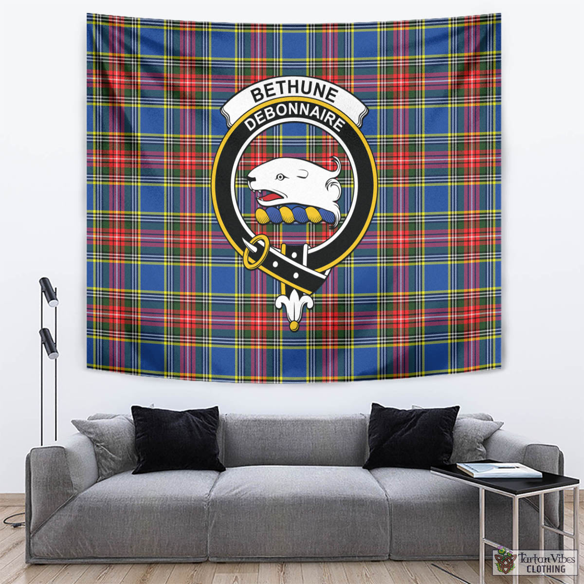 Tartan Vibes Clothing Bethune Tartan Tapestry Wall Hanging and Home Decor for Room with Family Crest