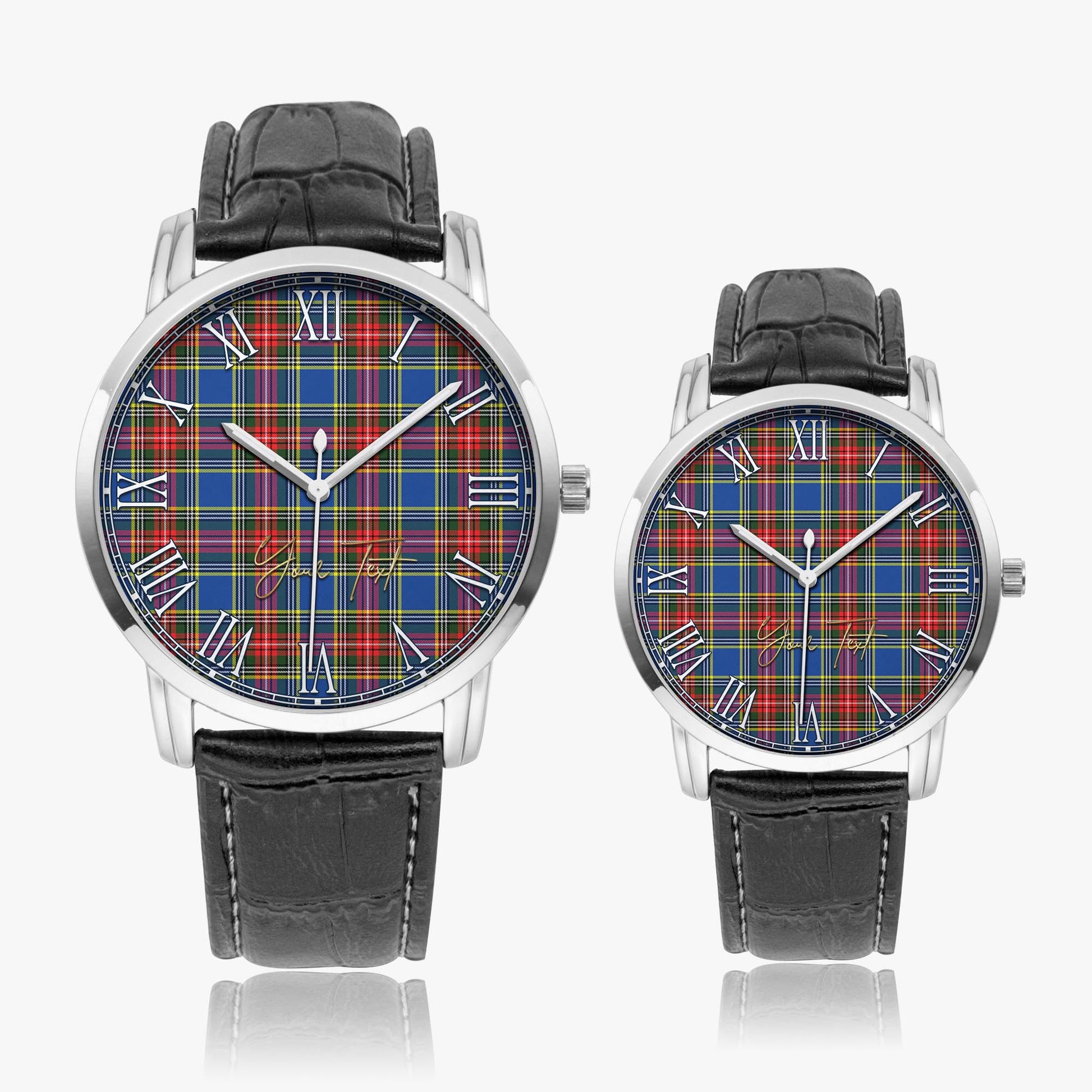 Bethune Tartan Personalized Your Text Leather Trap Quartz Watch Wide Type Silver Case With Black Leather Strap - Tartanvibesclothing