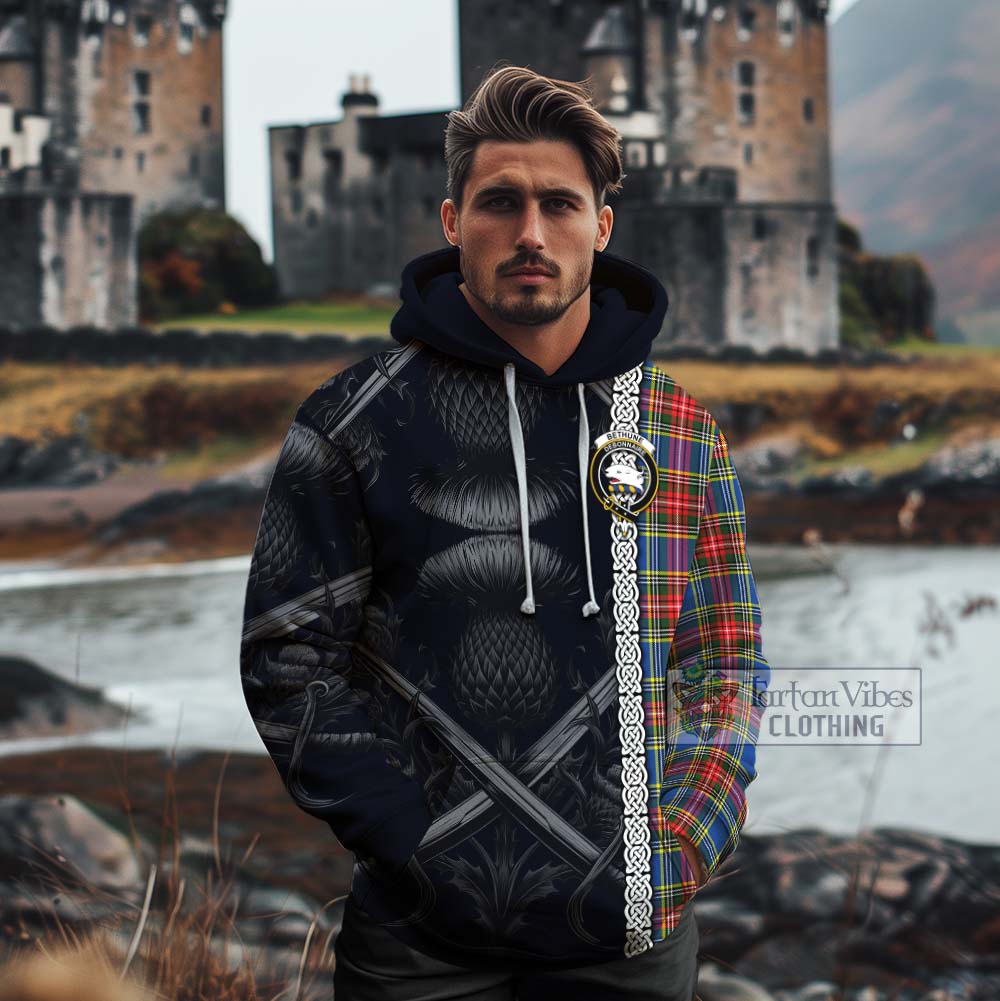 Tartan Vibes Clothing Bethune Tartan Cotton Hoodie with Family Crest Cross Sword Thistle Celtic Vibes