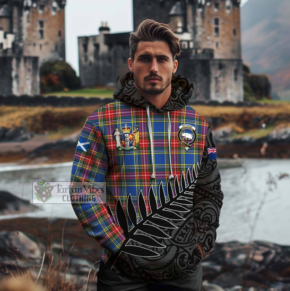 Tartan Vibes Clothing Bethune Crest Tartan Cotton Hoodie with New Zealand Silver Fern Half Style