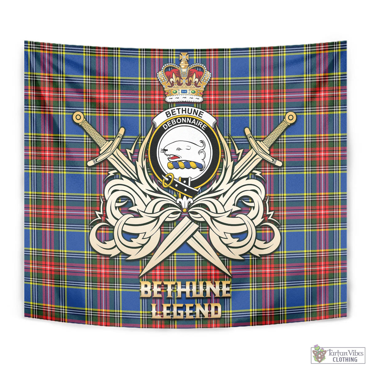 Tartan Vibes Clothing Bethune Tartan Tapestry with Clan Crest and the Golden Sword of Courageous Legacy