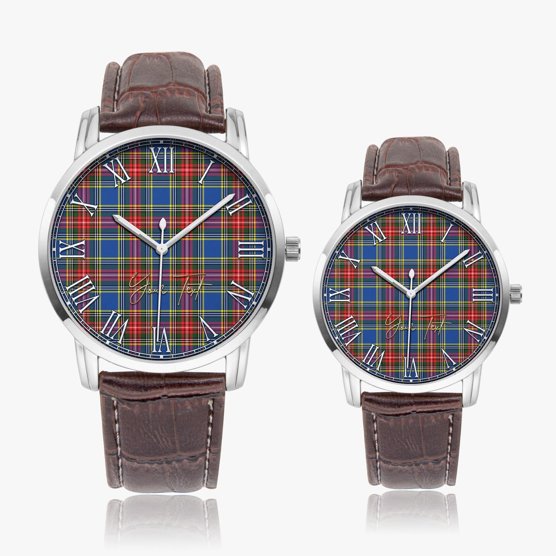 Bethune Tartan Personalized Your Text Leather Trap Quartz Watch Wide Type Silver Case With Brown Leather Strap - Tartanvibesclothing