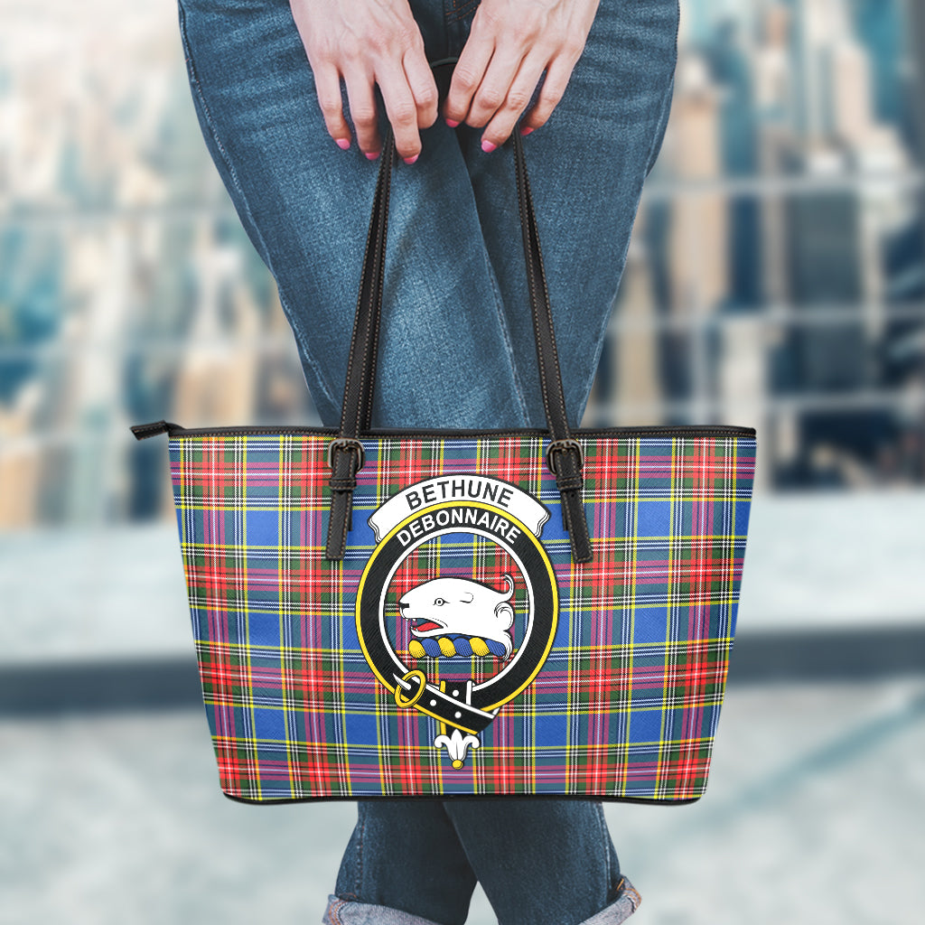 Bethune Tartan Leather Tote Bag with Family Crest - Tartanvibesclothing