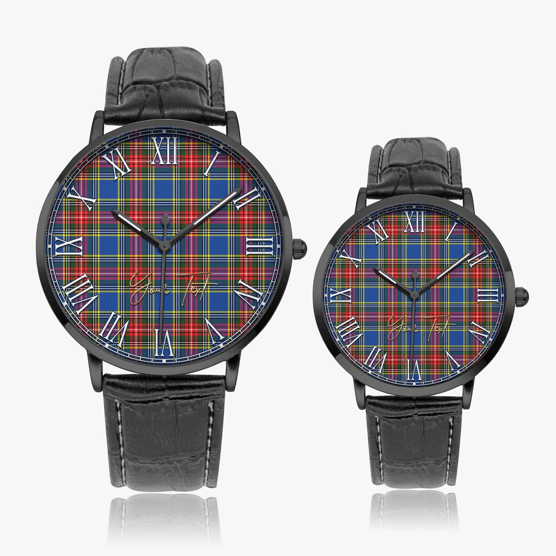 Bethune Tartan Personalized Your Text Leather Trap Quartz Watch Ultra Thin Black Case With Black Leather Strap - Tartanvibesclothing