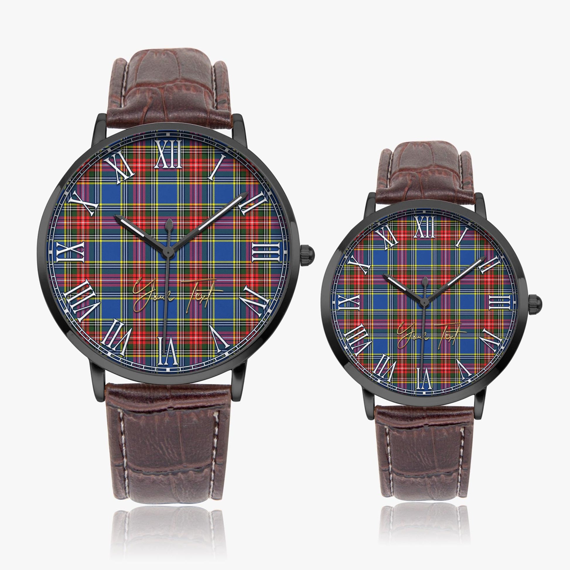 Bethune Tartan Personalized Your Text Leather Trap Quartz Watch Ultra Thin Black Case With Brown Leather Strap - Tartanvibesclothing