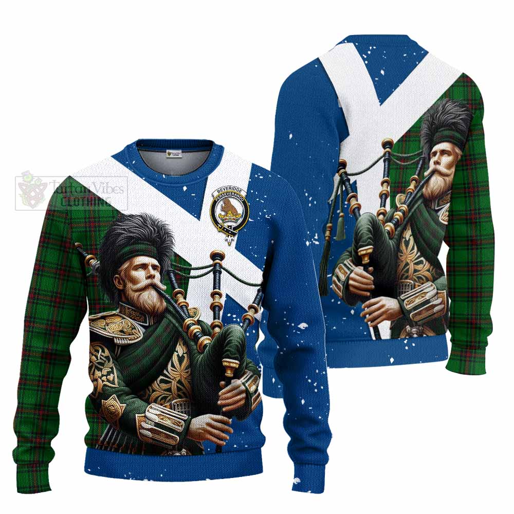 Tartan Vibes Clothing Beveridge Tartan Knitted Sweater with Family Crest Scottish Bagpiper Vibes