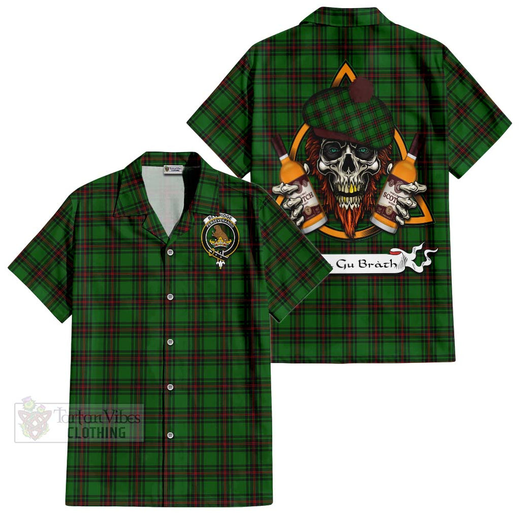 Tartan Vibes Clothing Beveridge Tartan Short Sleeve Button Shirt with Family Crest and Bearded Skull Holding Bottles of Whiskey