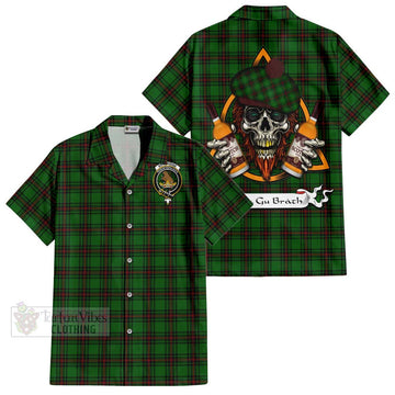 Beveridge Tartan Short Sleeve Button Shirt with Family Crest and Bearded Skull Holding Bottles of Whiskey