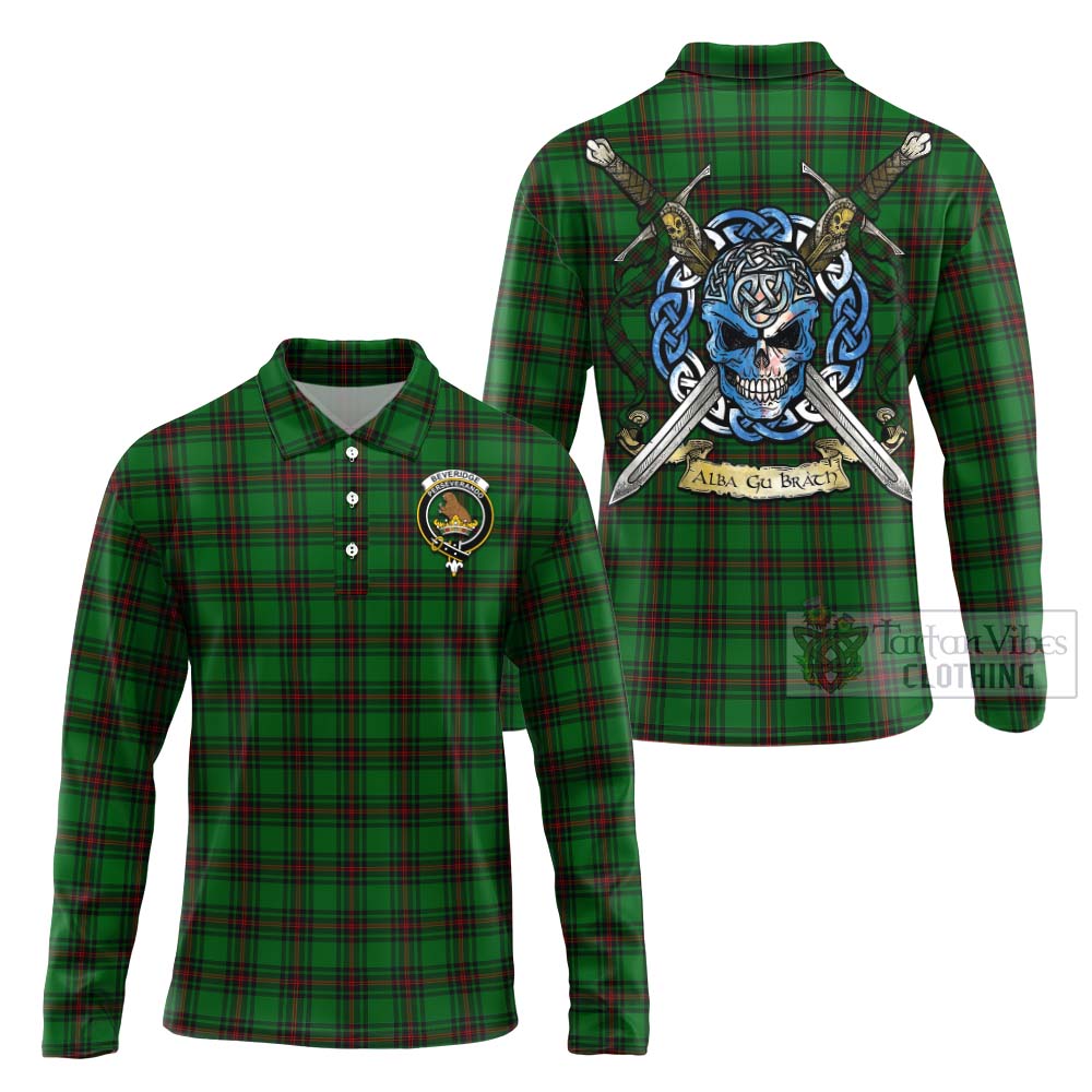 Tartan Vibes Clothing Beveridge Tartan Long Sleeve Polo Shirt with Family Crest Celtic Skull Style