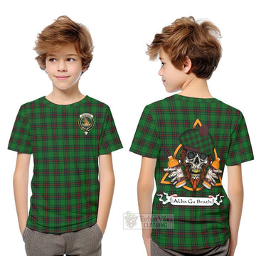 Beveridge Tartan Kid T-Shirt with Family Crest and Bearded Skull Holding Bottles of Whiskey